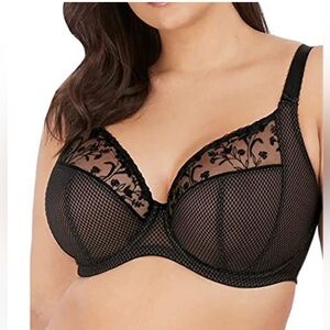 Elomi Charley Plunge Bra Black Floral Embroidery Underwire 40L NEW